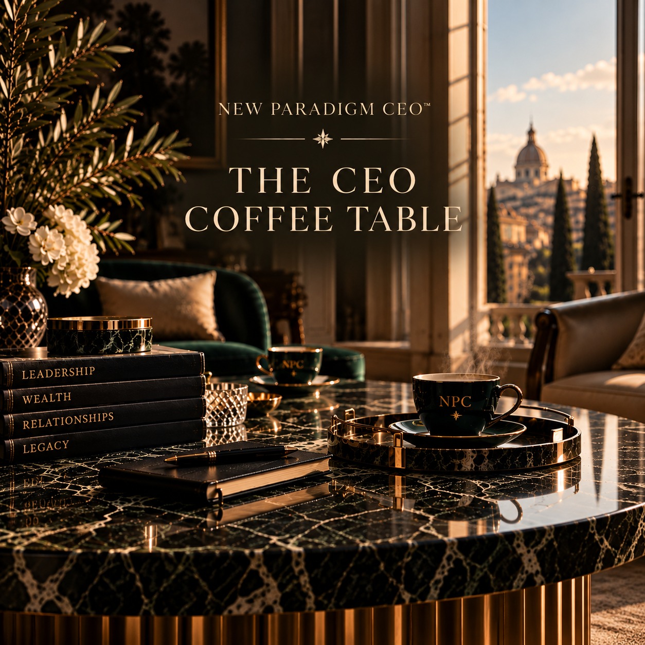 The CEO Coffee Table™ — New Paradigm CEO™: een stijlvolle salontafel met koffie, boeken en bloemen, uitzicht over een Italiaanse stad op de achtergrond